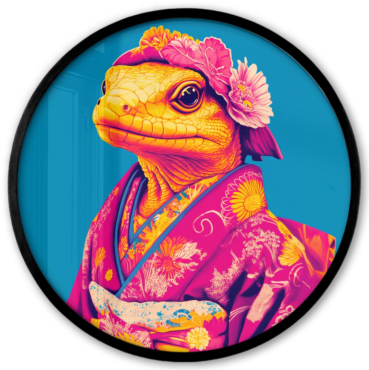 FrameYourWall Poster in lijst Rond - Fotolijst 40x40 cm - Posters - Bloemenkrans - Hagedis - Kimono - Paars - Ronde posterlijst zwart - Decoratie - Wanddecoratie woonkamer - Muurdecoratie slaapkamer