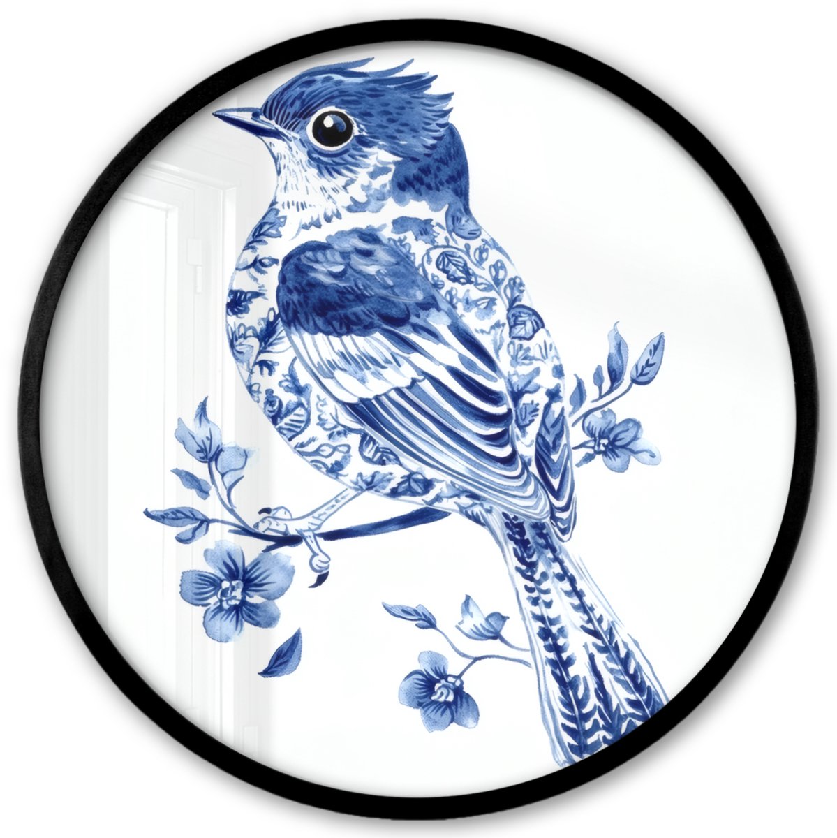 FrameYourWall Poster in lijst Rond - Fotolijst 40x40 cm - Posters - Vogel - Delfts blauw - Illustratie - Bloemen - Ronde posterlijst zwart - Decoratie - Wanddecoratie woonkamer - Muurdecoratie slaapkamer Vogel - Bloemen