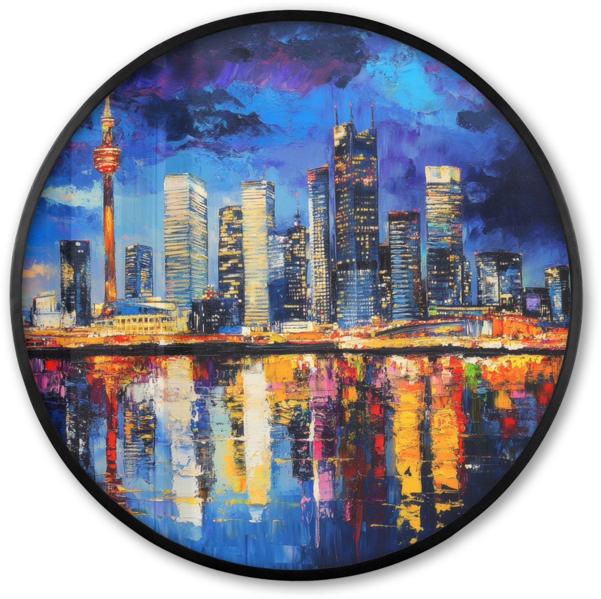 FrameYourWall Poster in lijst Rond - Fotolijst 60x60 cm - Posters - Skyline Toronto - Modern - Stadslicht - Blauw - Ronde posterlijst zwart - Decoratie - Wanddecoratie woonkamer - Muurdecoratie slaapkamer Skyline - Modern