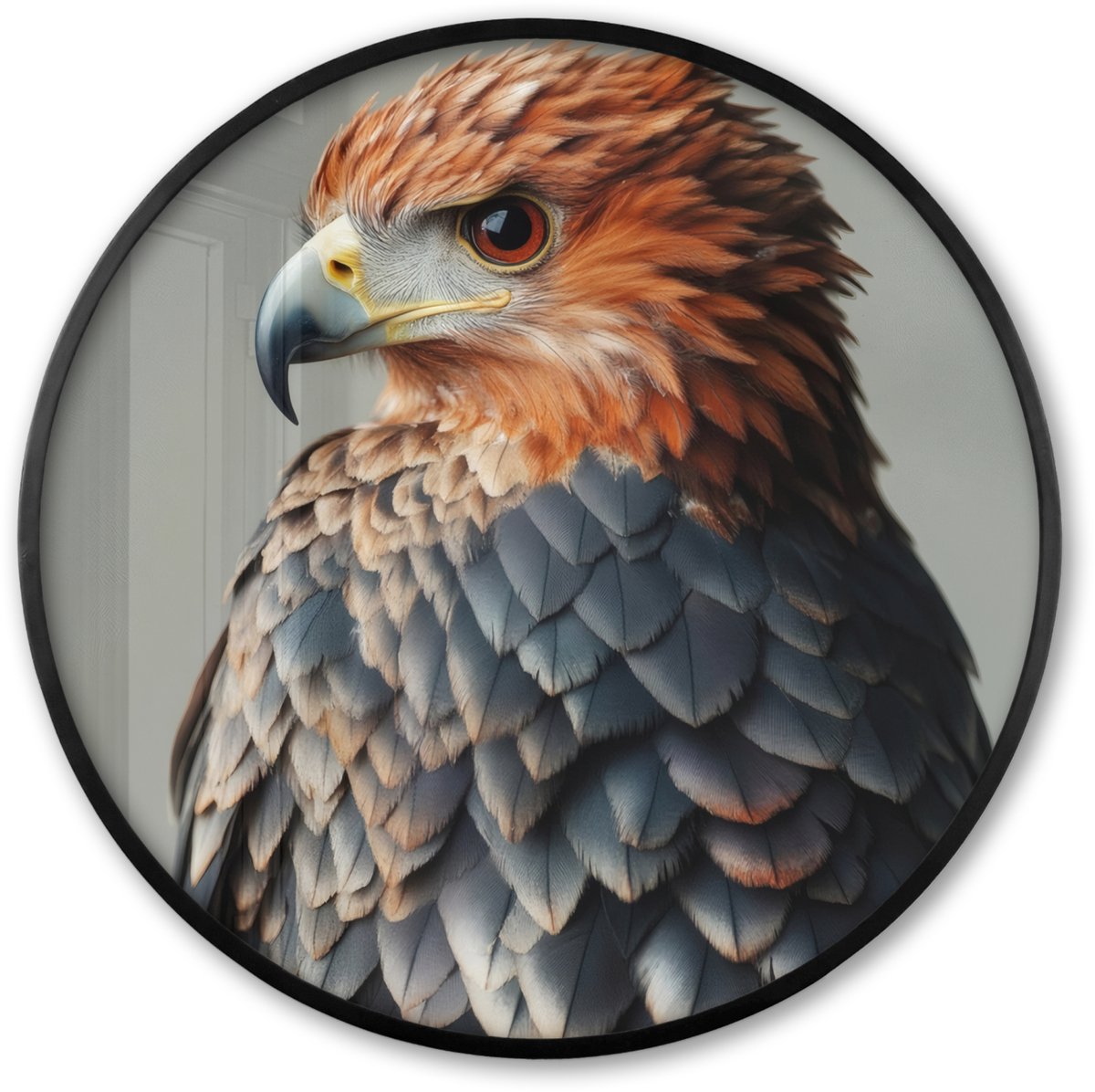 FrameYourWall Poster in lijst Rond - Fotolijst 60x60 cm - Posters - Vogel - Realistisch - Veren - Bruin - Ronde posterlijst zwart - Decoratie - Wanddecoratie woonkamer - Muurdecoratie slaapkamer Vogel - Veren