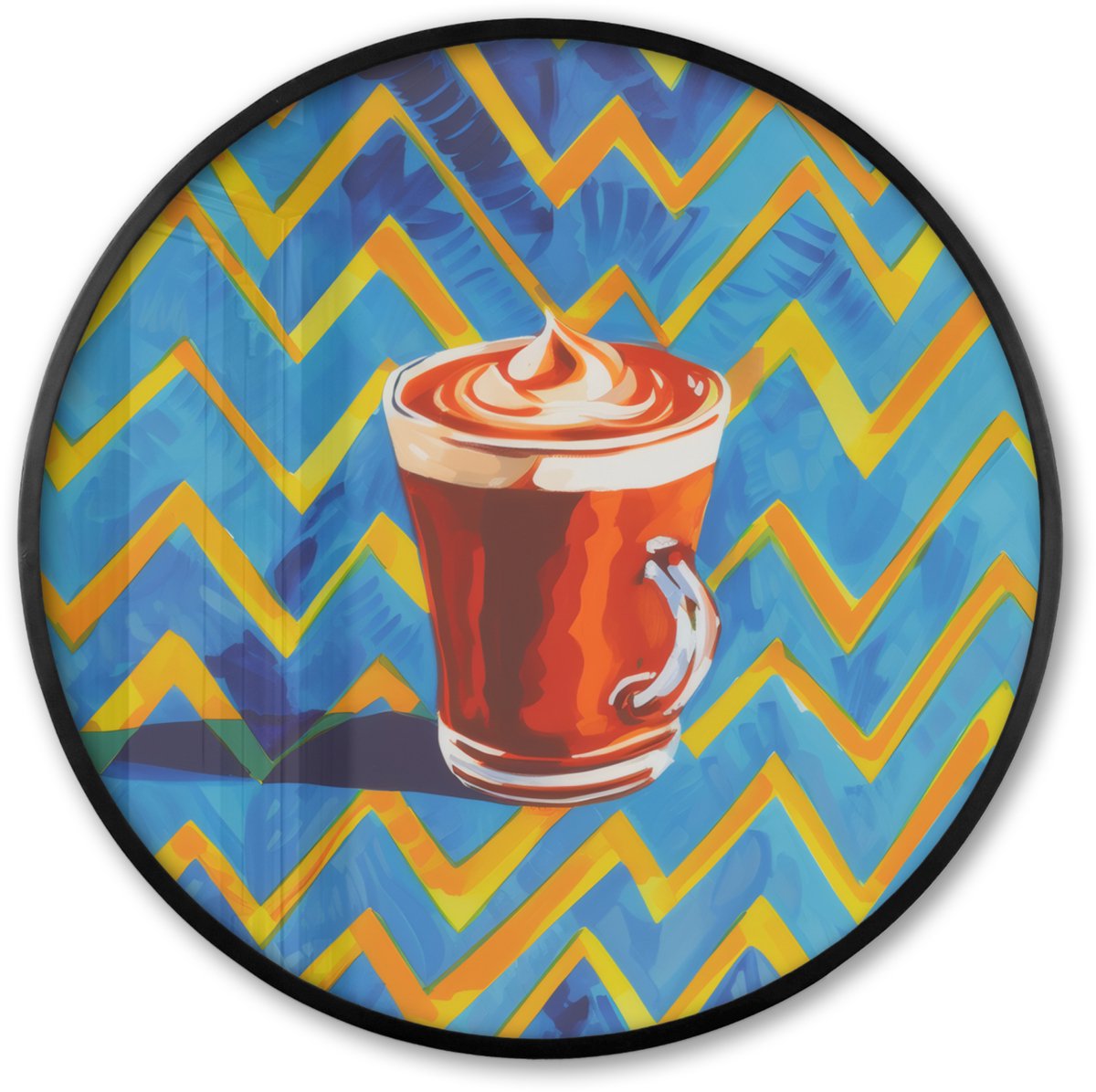 FrameYourWall Poster in lijst Rond - Fotolijst 80x80 cm - Posters - Mok - Koffie - Zigzag - Slagroom - Ronde posterlijst zwart - Decoratie - Wanddecoratie woonkamer - Muurdecoratie slaapkamer Mok - Schuim