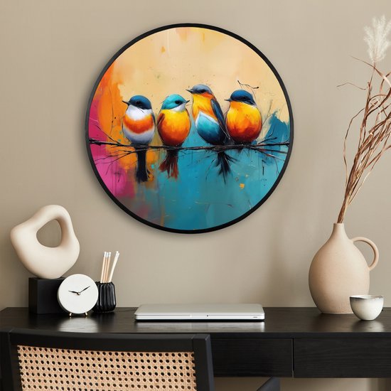 Affiche encadrée ronde - Cadre photo 60x60 cm - Posters - Vogels - Coloré - Branche - Abstrait - Cadre affiche rond noir - Décoration - Décoration murale salon - Décoration murale chambre