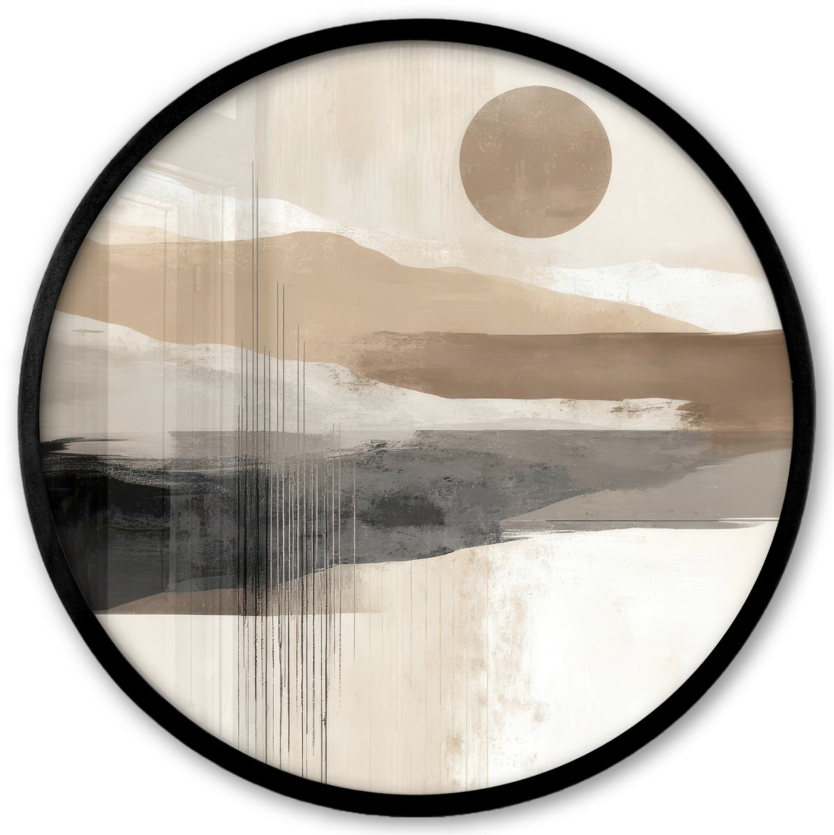 FrameYourWall Poster in lijst Rond - Fotolijst 40x40 cm - Posters - Minimalistisch - Landschap - Dimensie - Ronde posterlijst zwart - Decoratie - Wanddecoratie woonkamer - Muurdecoratie slaapkamer Landschap - Zon - Abstract