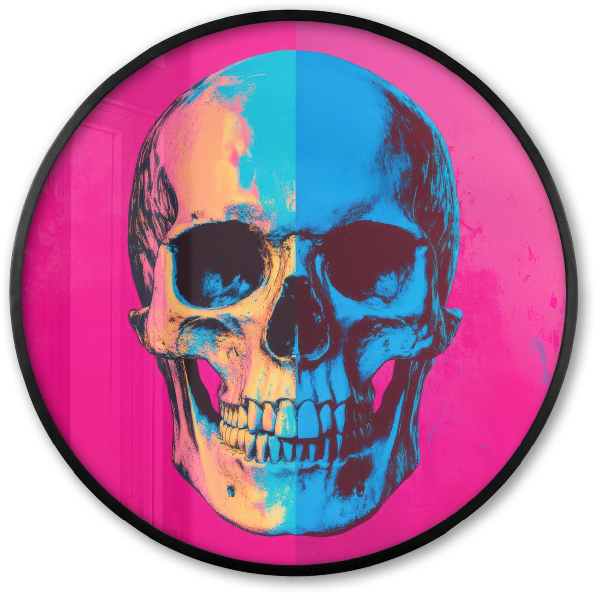 FrameYourWall Poster in lijst Rond - Fotolijst 60x60 cm - Posters - Neon - Blauw - Pop-art - Schedel - Ronde posterlijst zwart - Decoratie - Wanddecoratie woonkamer - Muurdecoratie slaapkamer Schedel - Neon