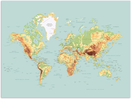 Carte du monde détaillée en relief, masses terrestres vertes et brunes, océans bleu clair.
