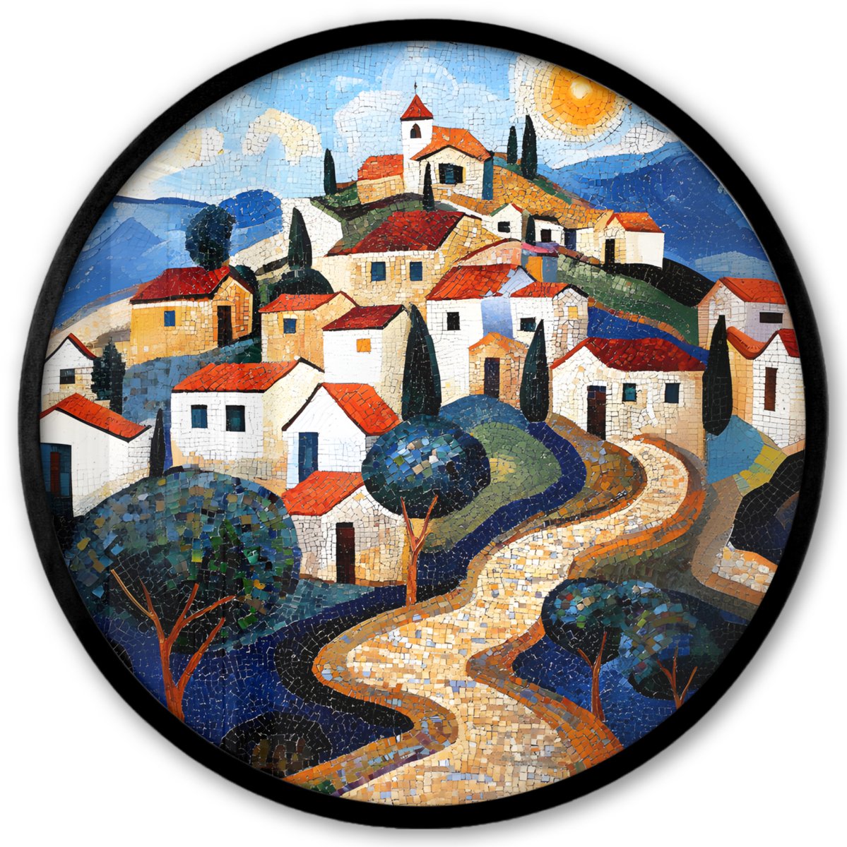 FrameYourWall Poster in lijst Rond - Fotolijst 40x40 cm - Posters - Dorp - Heuvelachtig - Zon - Mozaïek - Ronde posterlijst zwart - Decoratie - Wanddecoratie woonkamer - Muurdecoratie slaapkamer Dorp - Heuvel - Zon