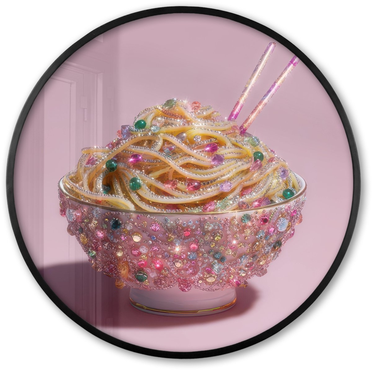 FrameYourWall Poster in lijst Rond - Fotolijst 80x80 cm - Posters - Noodles - Edelstenen - Stokjes - Roze - Ronde posterlijst zwart - Decoratie - Wanddecoratie woonkamer - Muurdecoratie slaapkamer