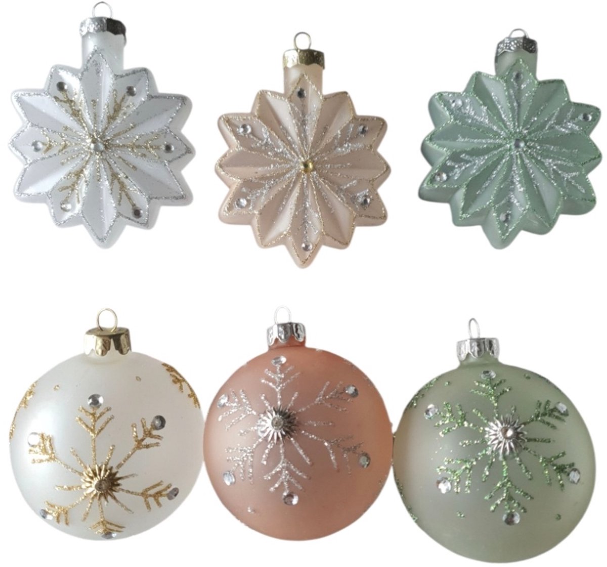 House of Seasons Kerst ornament bal,sneeuw flok Set van 6 wit groen roze