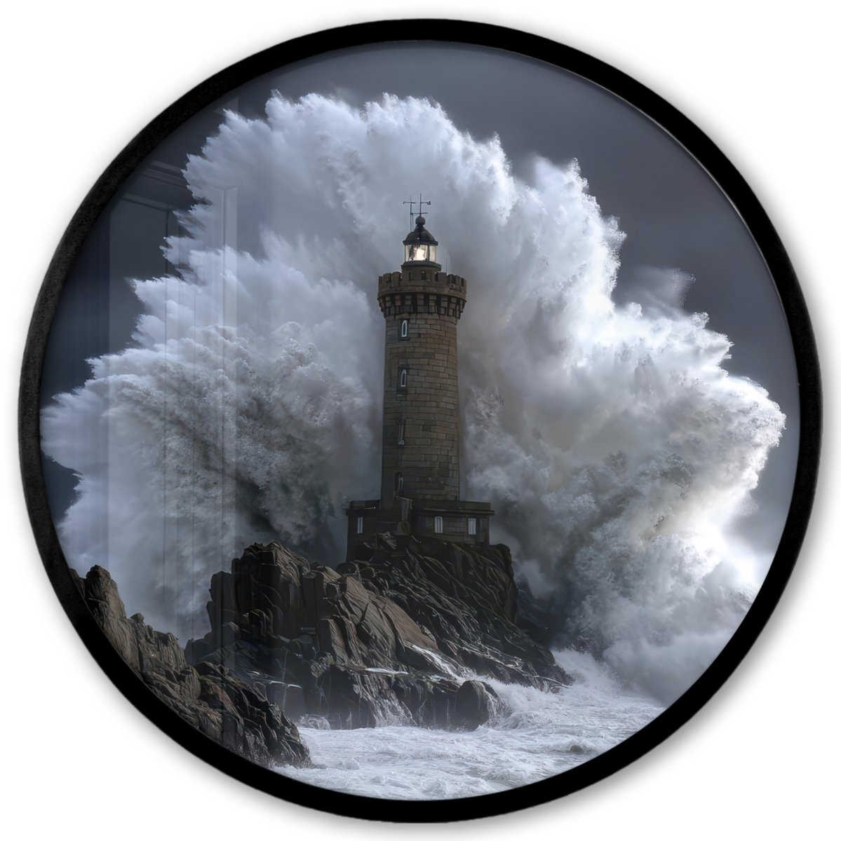 FrameYourWall Poster in lijst Rond - Fotolijst 40x40 cm - Posters - Golf - Vuurtoren - Schuimend water - Ronde posterlijst zwart - Decoratie - Wanddecoratie woonkamer - Muurdecoratie slaapkamer
