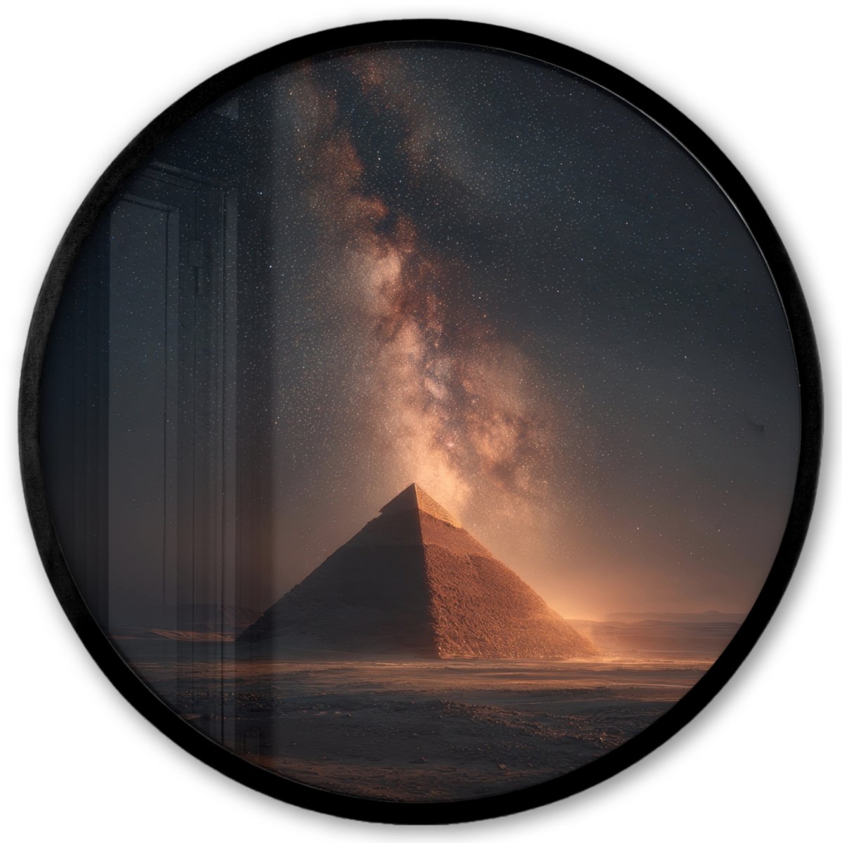 FrameYourWall Poster in lijst Rond - Fotolijst 40x40 cm - Posters - Piramide - Woestijn - Licht - Ronde posterlijst zwart - Decoratie - Wanddecoratie woonkamer - Muurdecoratie slaapkamer Piramide - Sterren