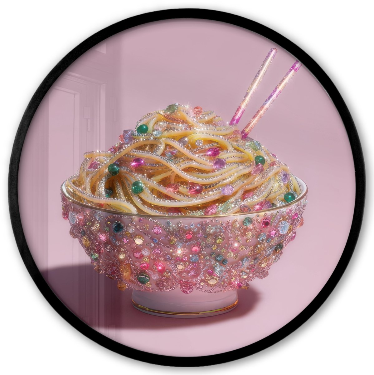 FrameYourWall Poster in lijst Rond - Fotolijst 40x40 cm - Posters - Noodles - Edelstenen - Stokjes - Roze - Ronde posterlijst zwart - Decoratie - Wanddecoratie woonkamer - Muurdecoratie slaapkamer