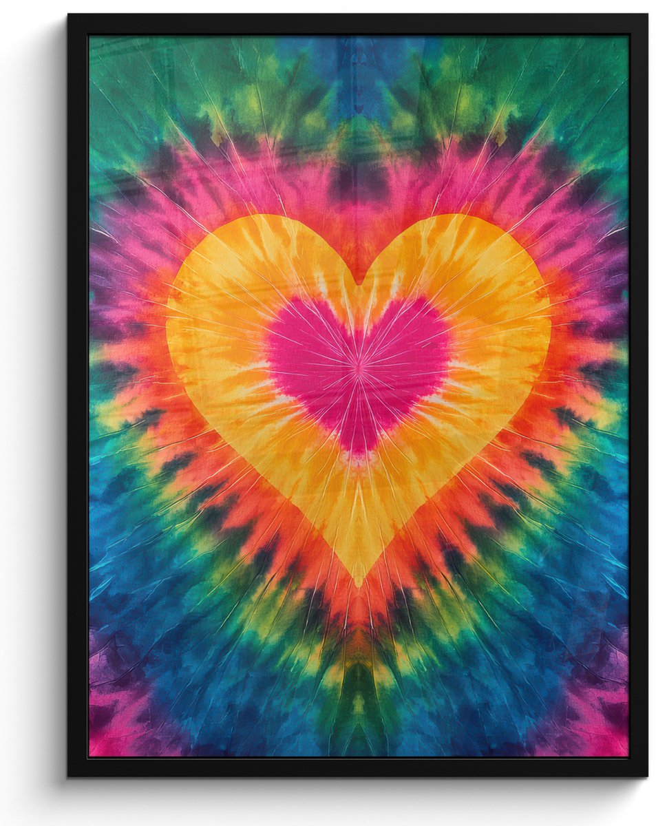 FrameYourWall Poster in lijst - Fotolijst 60x80 cm - Posters - Hart - Tie Dye - Kleurrijk - Posterlijst zwart - Decoratie - Wanddecoratie woonkamer - Muurdecoratie slaapkamer Multicolor