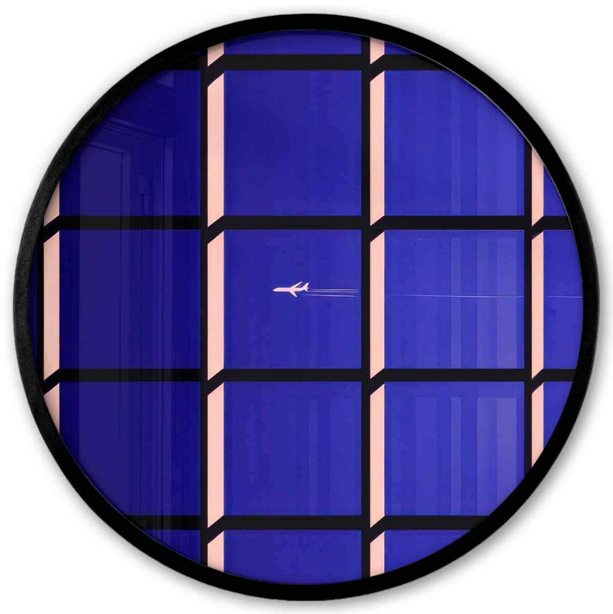 FrameYourWall Poster in lijst Rond - Fotolijst 40x40 cm - Posters - Vliegtuig - Ruiten - Blauw - Rechthoekig - Ronde posterlijst zwart - Decoratie - Wanddecoratie woonkamer - Muurdecoratie slaapkamer