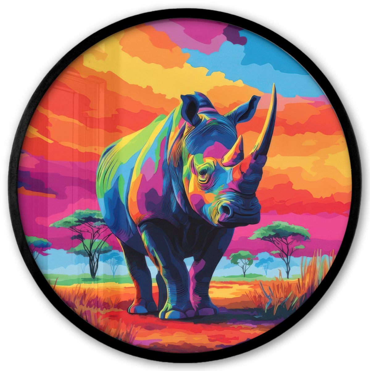 FrameYourWall Poster in lijst Rond - Fotolijst 40x40 cm - Posters - Neushoorn - Zonsondergang - Savanna - Kleurrijk - Ronde posterlijst zwart - Decoratie - Wanddecoratie woonkamer - Muurdecoratie slaapkamer Neushoorn - Kleurrijk