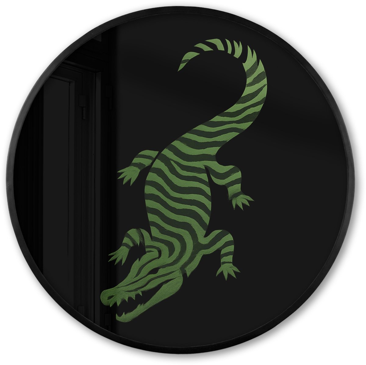 FrameYourWall Poster in lijst Rond - Fotolijst 80x80 cm - Posters - Krokodil - Groen - Tijgerachtig - Strepen - Ronde posterlijst zwart - Decoratie - Wanddecoratie woonkamer - Muurdecoratie slaapkamer Krokodil - Strepen