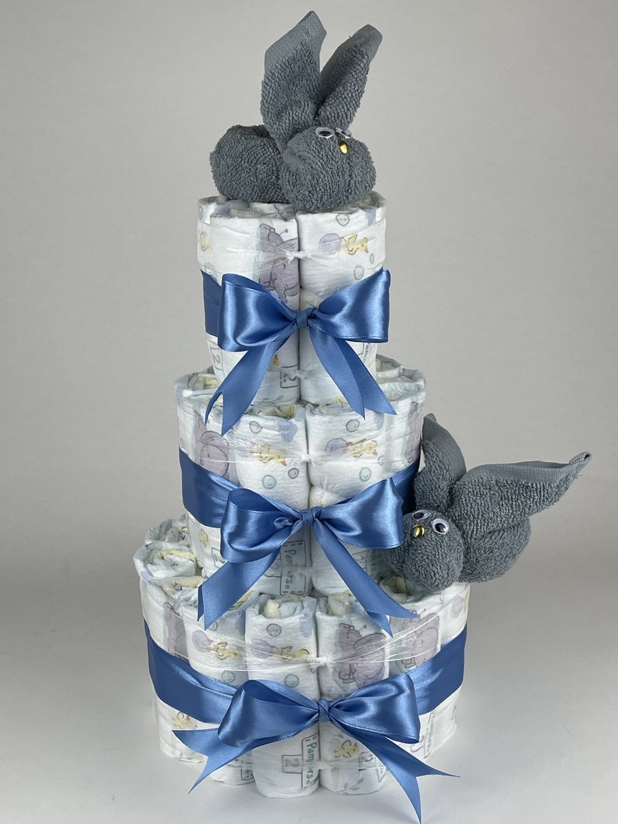 Chouette-Chouette | Luiertaart Jongen | Kraamcadeau | Geboorte Jongen | Babyshower | Konijnen Grey-Blue - diep Blauw