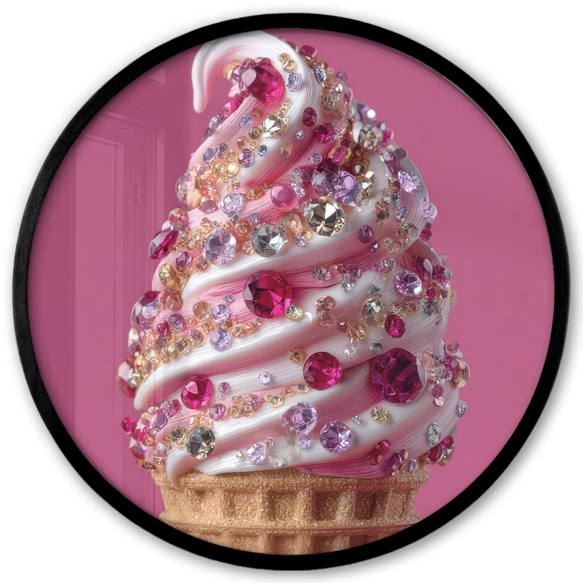 FrameYourWall Poster in lijst Rond - Fotolijst 40x40 cm - Posters - Softijs - Edelstenen - Roze - Hoorntje - Ronde posterlijst zwart - Decoratie - Wanddecoratie woonkamer - Muurdecoratie slaapkamer
