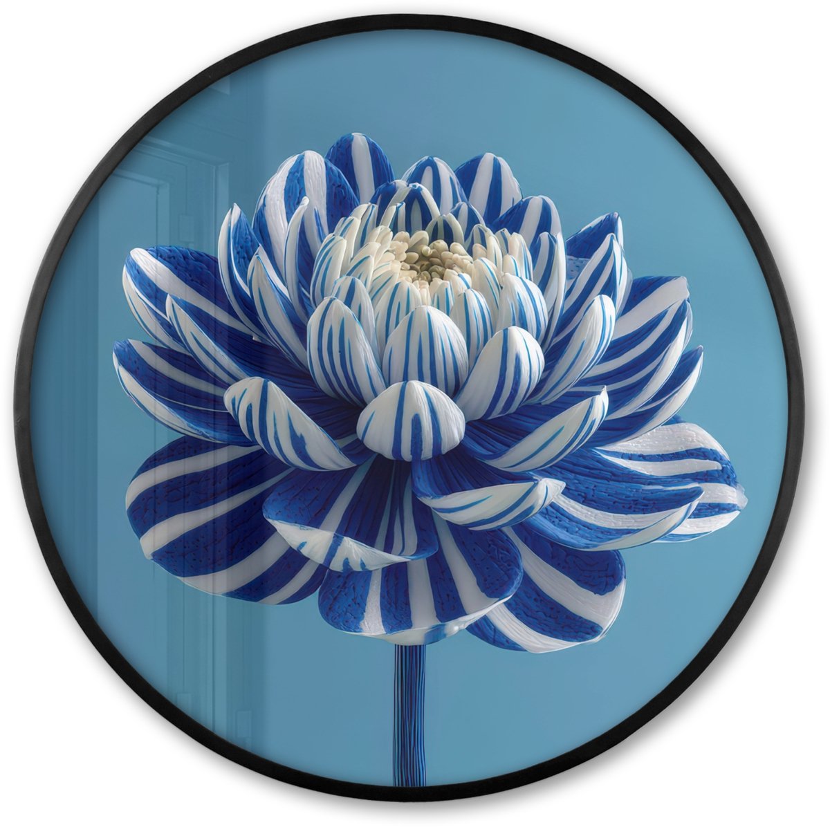 FrameYourWall Poster in lijst Rond - Fotolijst 60x60 cm - Posters - Bloem - Blauw - Bloemblaadjes - Streepjes - Ronde posterlijst zwart - Decoratie - Wanddecoratie woonkamer - Muurdecoratie slaapkamer