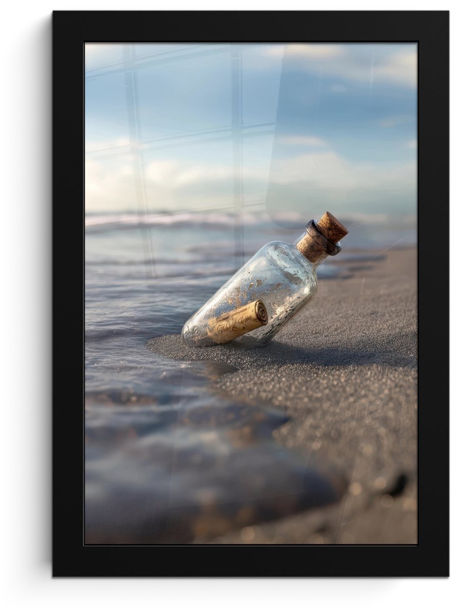 FrameYourWall Poster in lijst - Fotolijst 20x30 cm - Posters - Glazenfles - Post - Zee - Zand - Posterlijst zwart - Decoratie - Wanddecoratie woonkamer - Muurdecoratie slaapkamer