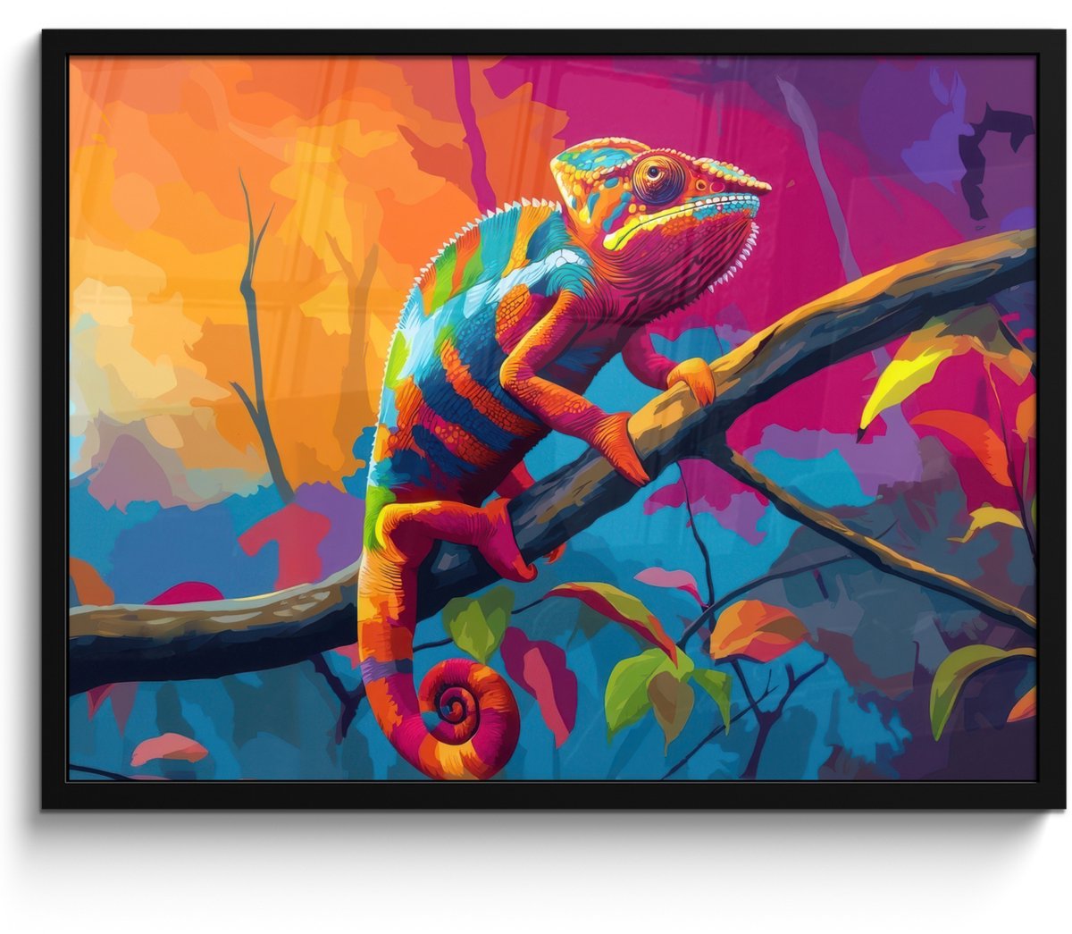 FrameYourWall Poster in lijst - Fotolijst 80x60 cm - Posters - Kameleon - Tak - Gestreept - Bladeren - Posterlijst zwart - Decoratie - Wanddecoratie woonkamer - Muurdecoratie slaapkamer Kameleon - Kleurrijk