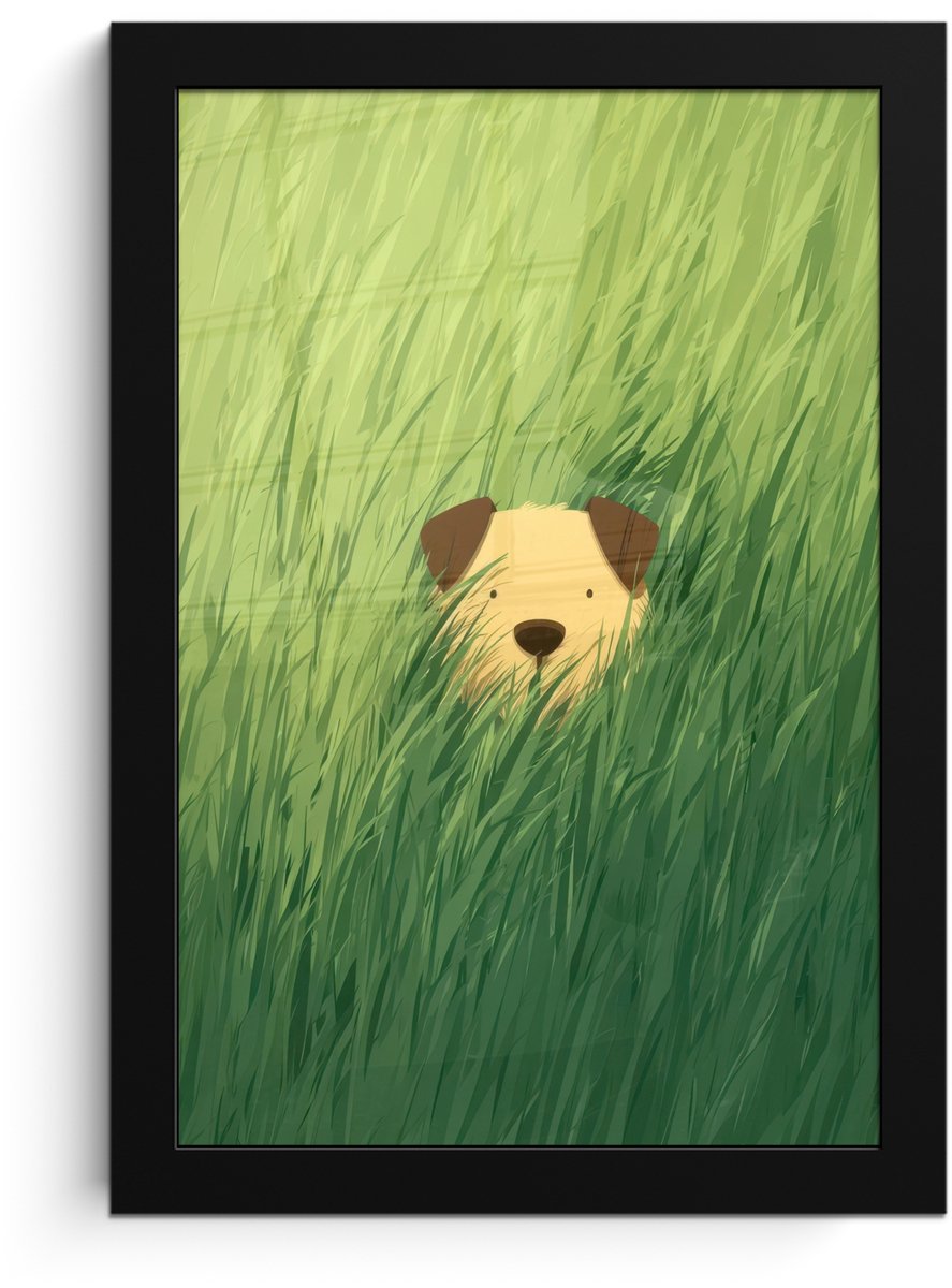 FrameYourWall Poster in lijst - Fotolijst 20x30 cm - Posters - Hondje - Gras - Oren - Bruin - Posterlijst zwart - Decoratie - Wanddecoratie woonkamer - Muurdecoratie slaapkamer - Kerstversiering - Kerstdecoratie voor binnen - Kerstmis