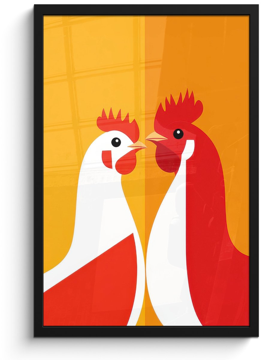 FrameYourWall Poster in lijst - Fotolijst 40x60 cm - Posters - Kippen - Oranje - Vlakken - Posterlijst zwart - Decoratie - Wanddecoratie woonkamer - Muurdecoratie slaapkamer