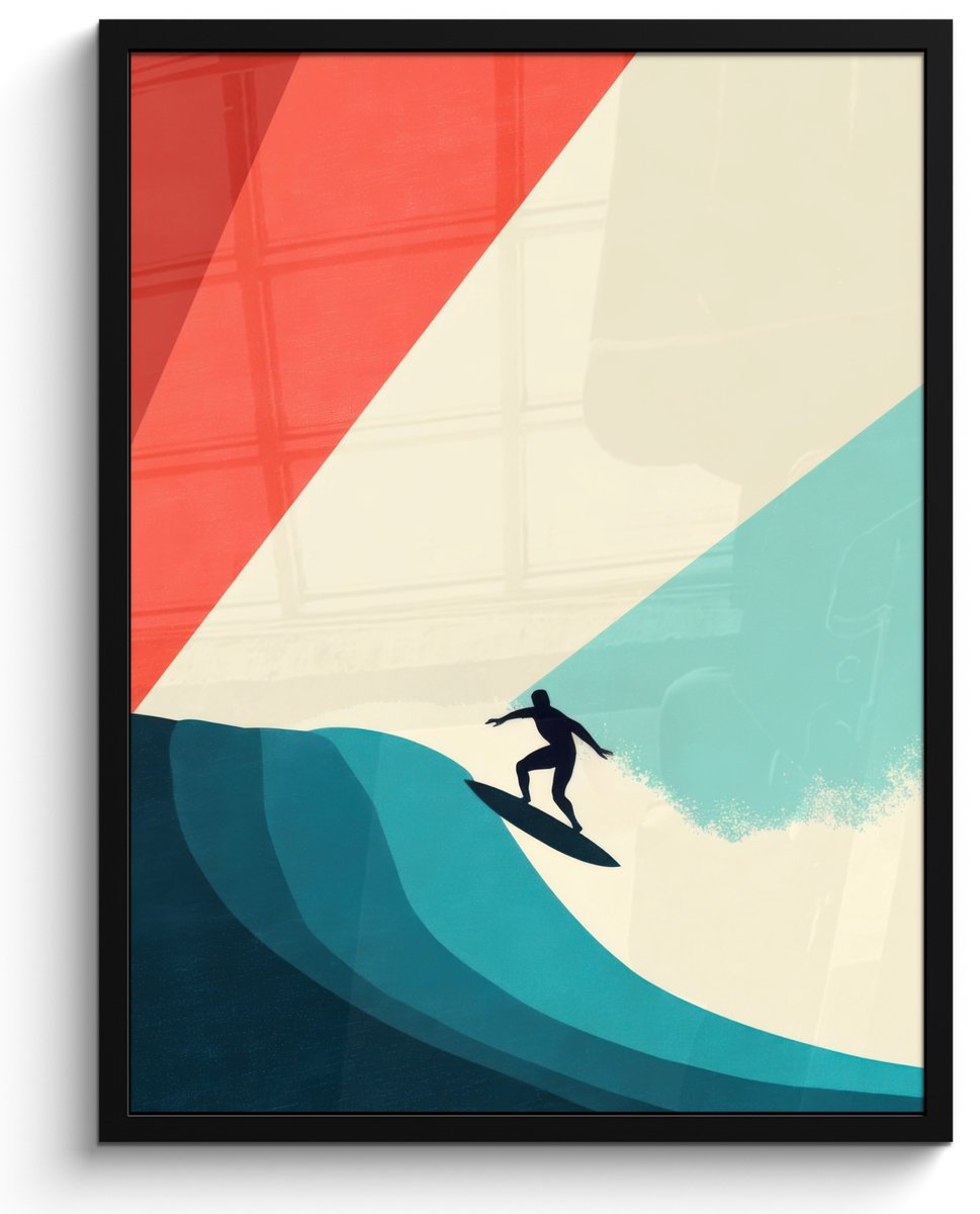 FrameYourWall Poster in lijst - Fotolijst 60x80 cm - Posters - Surfer - Abstract - Golven - Zonnestralen - Posterlijst zwart - Decoratie - Wanddecoratie woonkamer - Muurdecoratie slaapkamer - Kerstversiering - Kerstdecoratie voor binnen - Kerstmis