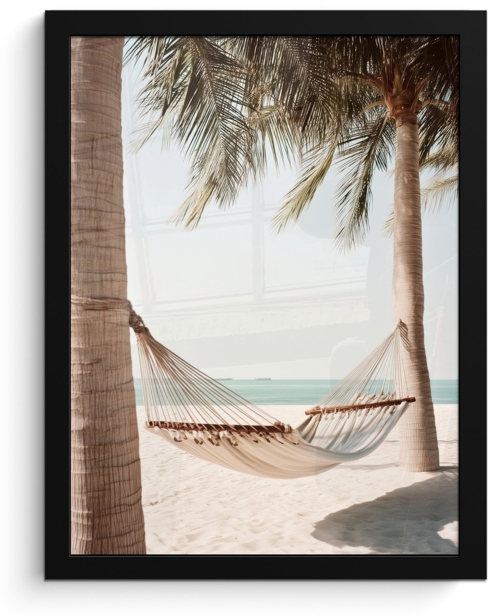 FrameYourWall Poster in lijst - Fotolijst 30x40 cm - Posters - Hangmat - Palmbomen - Strand - Zee - Posterlijst zwart - Decoratie - Wanddecoratie woonkamer - Muurdecoratie slaapkamer