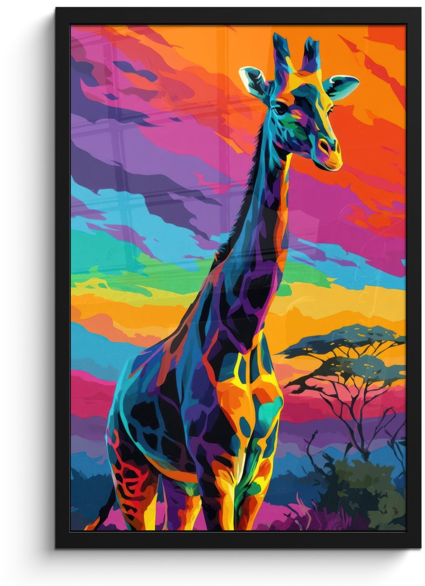 FrameYourWall Poster in lijst - Fotolijst 40x60 cm - Posters - Giraffe - Savanna - Lucht - Gekleurd - Posterlijst zwart - Decoratie - Wanddecoratie woonkamer - Muurdecoratie slaapkamer Giraffe - Kleurrijk
