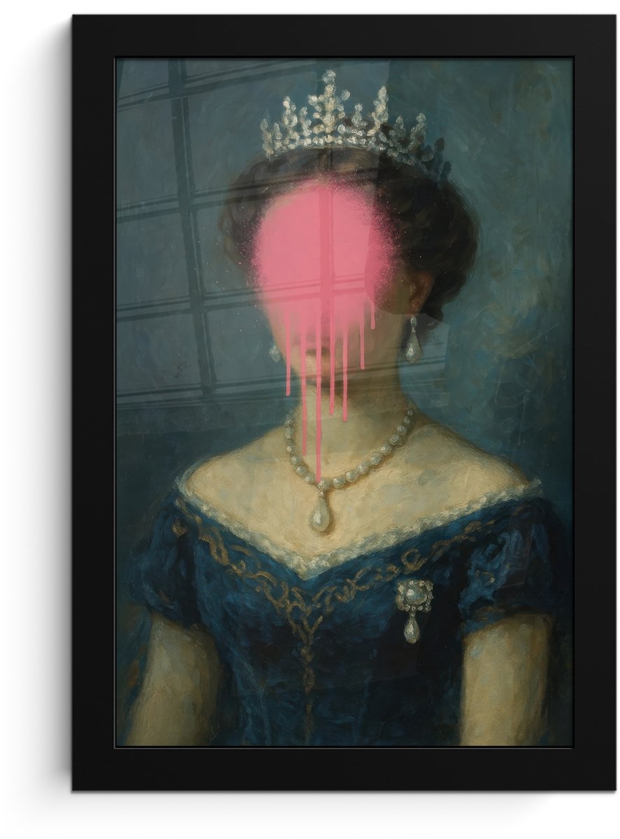 FrameYourWall Poster in lijst - Fotolijst 20x30 cm - Posters - Kroon - Roze druipend verf - Portret - Posterlijst zwart - Decoratie - Wanddecoratie woonkamer - Muurdecoratie slaapkamer Vrouw - Kroon - Verf