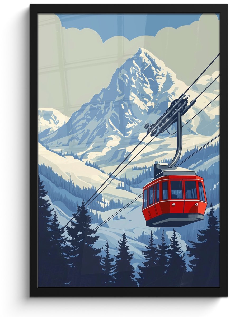 FrameYourWall Poster in lijst - Fotolijst 40x60 cm - Posters - Kabelbaan - Sneeuw - Berglandschap - Posterlijst zwart - Decoratie - Wanddecoratie woonkamer - Muurdecoratie slaapkamer Kabelbaan - Bergen - Sneeuw