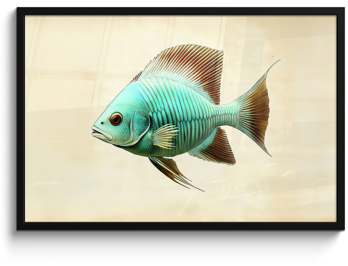FrameYourWall Poster in lijst - Fotolijst 90x60 cm - Posters - Schubben - Vis - Mint - Minimalistisch - Posterlijst zwart - Decoratie - Wanddecoratie woonkamer - Muurdecoratie slaapkamer Vis - Schubben