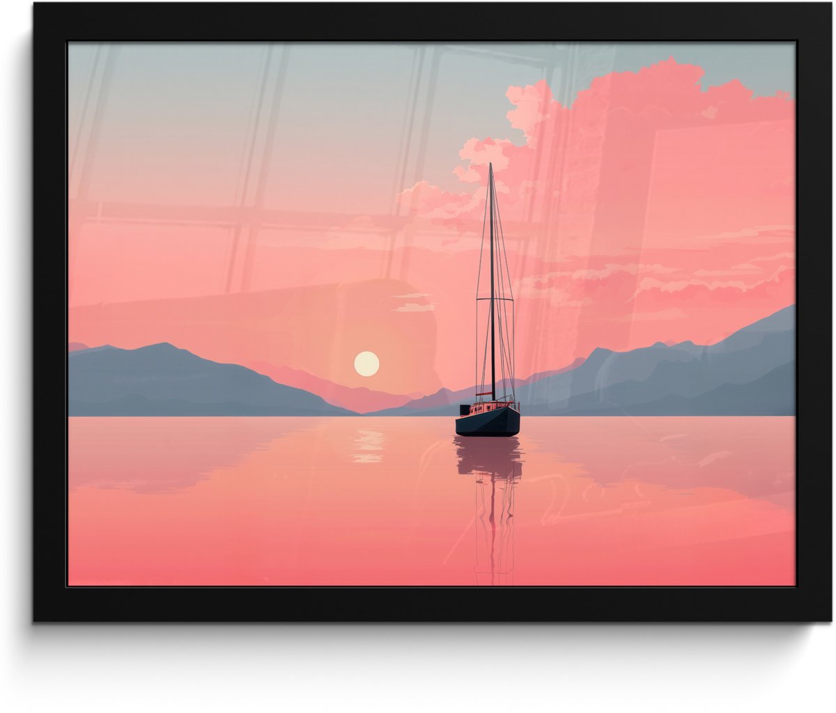 FrameYourWall Poster in lijst - Fotolijst 40x30 cm - Posters - Zeilboot - Roze zee - Zonsondergang - Bergen - Posterlijst zwart - Decoratie - Wanddecoratie woonkamer - Muurdecoratie slaapkamer Zeilboot - Zee - Bergen