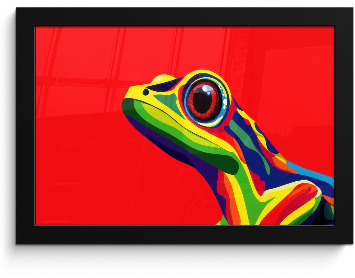 FrameYourWall Poster in lijst - Fotolijst 30x20 cm - Posters - Kikker - Kleurrijk - Strepen - Ogen - Posterlijst zwart - Decoratie - Wanddecoratie woonkamer - Muurdecoratie slaapkamer