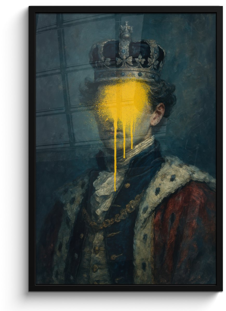 FrameYourWall Poster in lijst - Fotolijst 60x90 cm - Posters - Koning - Portret - Druipende gele verf - Posterlijst zwart - Decoratie - Wanddecoratie woonkamer - Muurdecoratie slaapkamer Koning - Portret - Verf