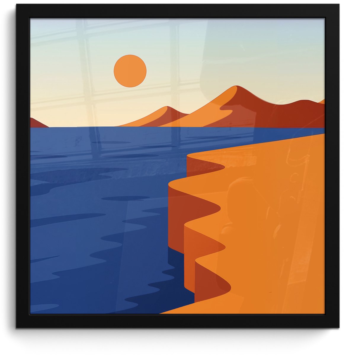 FrameYourWall Poster in lijst - Fotolijst 40x40 cm - Posters - Landschap - Bergen - Zon - Zee - Posterlijst zwart - Decoratie - Wanddecoratie woonkamer - Muurdecoratie slaapkamer Landschap - Zee - Zon