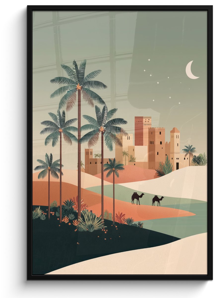 FrameYourWall Poster in lijst - Fotolijst 80x120 cm - Posters - Nachtlandschap - Kamelen - Sterren - zandduinden - Posterlijst zwart - Decoratie - Wanddecoratie woonkamer - Muurdecoratie slaapkamer