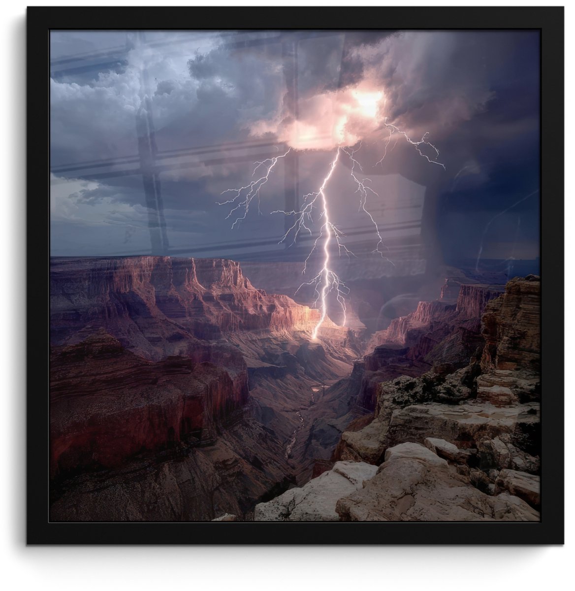 FrameYourWall Poster in lijst - Fotolijst 40x40 cm - Posters - Bliksem - Wolken - Canyon - Posterlijst zwart - Decoratie - Wanddecoratie woonkamer - Muurdecoratie slaapkamer Bliksem - Wolken - Rotsen