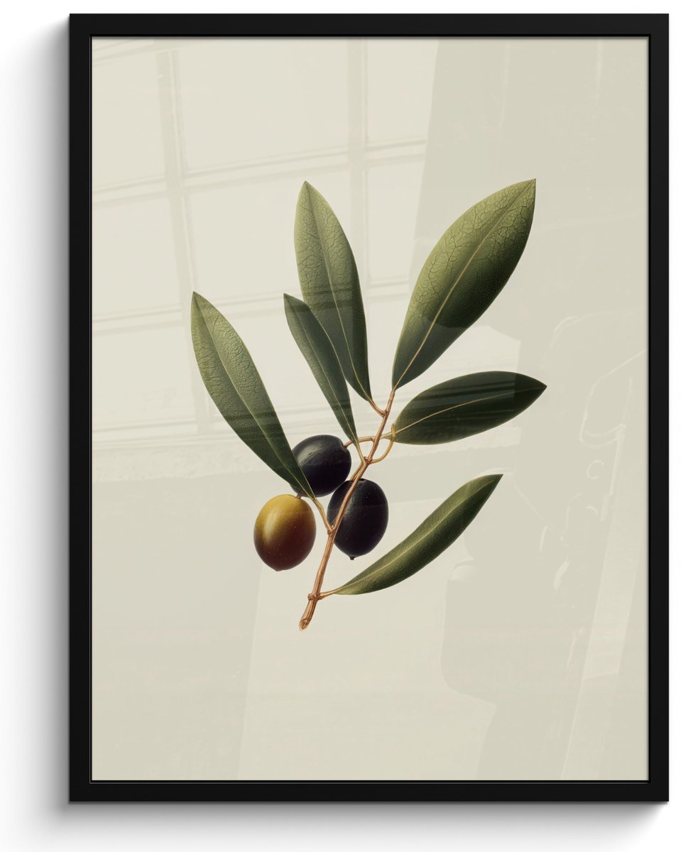 FrameYourWall Poster in lijst - Fotolijst 60x80 cm - Posters - Olijftak - Donkergroen - Olijven - Posterlijst zwart - Decoratie - Wanddecoratie woonkamer - Muurdecoratie slaapkamer