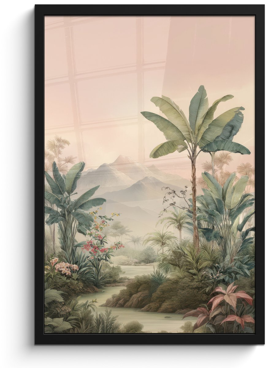 FrameYourWall Poster in lijst - Fotolijst 40x60 cm - Posters - Tropisch landschap - palmbomen - Bloemen - Roze lucht - Posterlijst zwart - Decoratie - Wanddecoratie woonkamer - Muurdecoratie slaapkamer Tropisch - Landschap