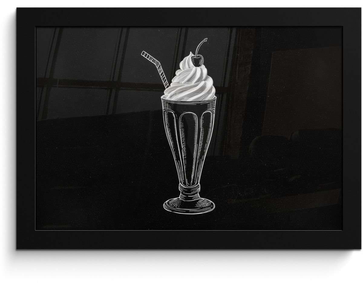 FrameYourWall Poster in lijst - Fotolijst 30x20 cm - Posters - Ijscoupe - Kers - Krijtstijl - Slagroom - Posterlijst zwart - Decoratie - Wanddecoratie woonkamer - Muurdecoratie slaapkamer Ijscoupe - Kers - Slagroom
