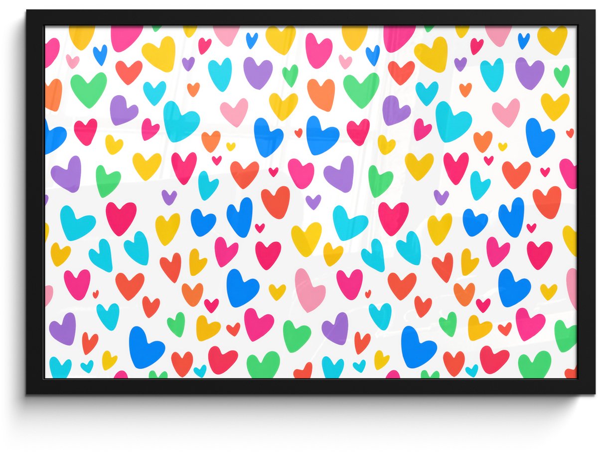 FrameYourWall Poster in lijst - Fotolijst 60x40 cm - Posters - Hartjes - Kleurrijk - Patroon - Levendig - Posterlijst zwart - Decoratie - Wanddecoratie woonkamer - Muurdecoratie slaapkamer
