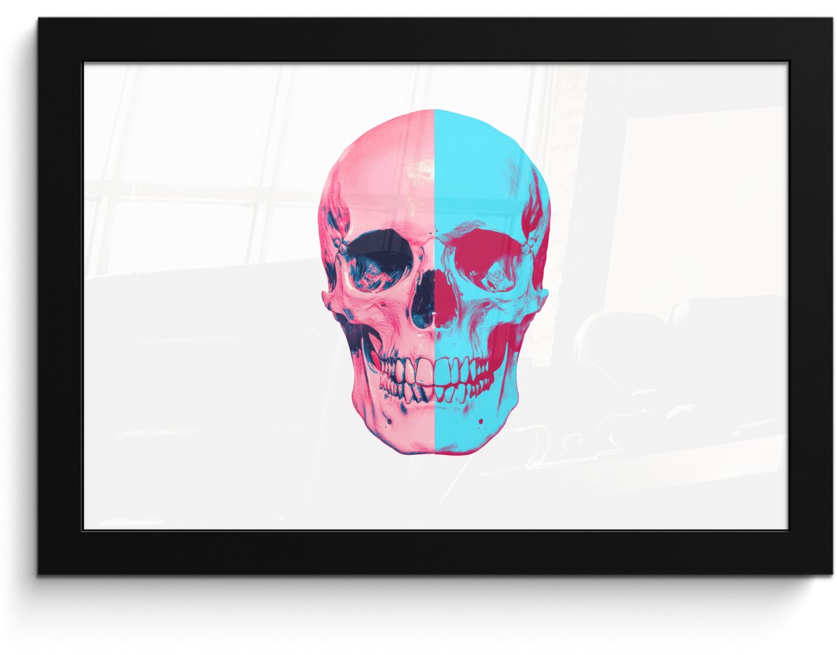 FrameYourWall Poster in lijst - Fotolijst 30x20 cm - Posters - Schedel - Grafisch - Roze - Verdeeld - Posterlijst zwart - Decoratie - Wanddecoratie woonkamer - Muurdecoratie slaapkamer