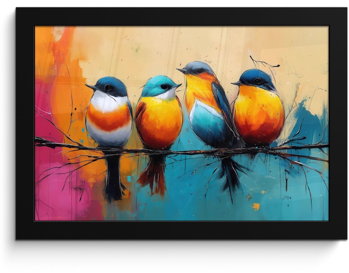 FrameYourWall Poster in lijst - Fotolijst 30x20 cm - Posters - Vogels - Kleurrijk - Tak - Abstract - Posterlijst zwart - Decoratie - Wanddecoratie woonkamer - Muurdecoratie slaapkamer