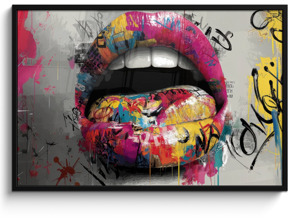 FrameYourWall Poster in lijst - Fotolijst 120x80 cm - Posters - Lippen - Graffiti - Expressief - Posterlijst zwart - Decoratie - Wanddecoratie woonkamer - Muurdecoratie slaapkamer
