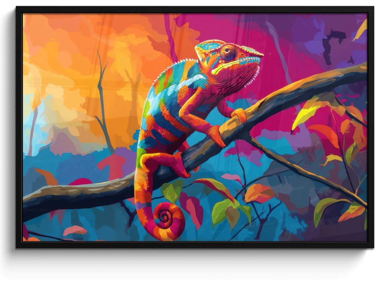 FrameYourWall Poster in lijst - Fotolijst 120x80 cm - Posters - Kameleon - Tak - Gestreept - Bladeren - Posterlijst zwart - Decoratie - Wanddecoratie woonkamer - Muurdecoratie slaapkamer Kameleon - Kleurrijk