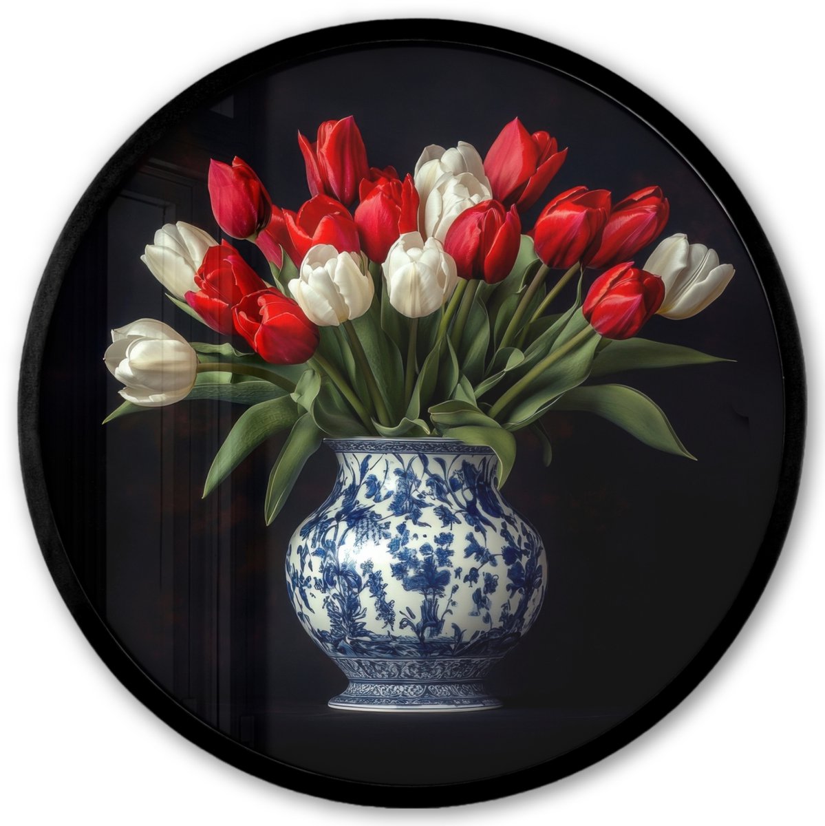 FrameYourWall Poster in lijst Rond - Fotolijst 40x40 cm - Posters - Rode - Bloemen - Tulpen - Vaas - Ronde posterlijst zwart - Decoratie - Wanddecoratie woonkamer - Muurdecoratie slaapkamer Tulpen - Rood - Wit