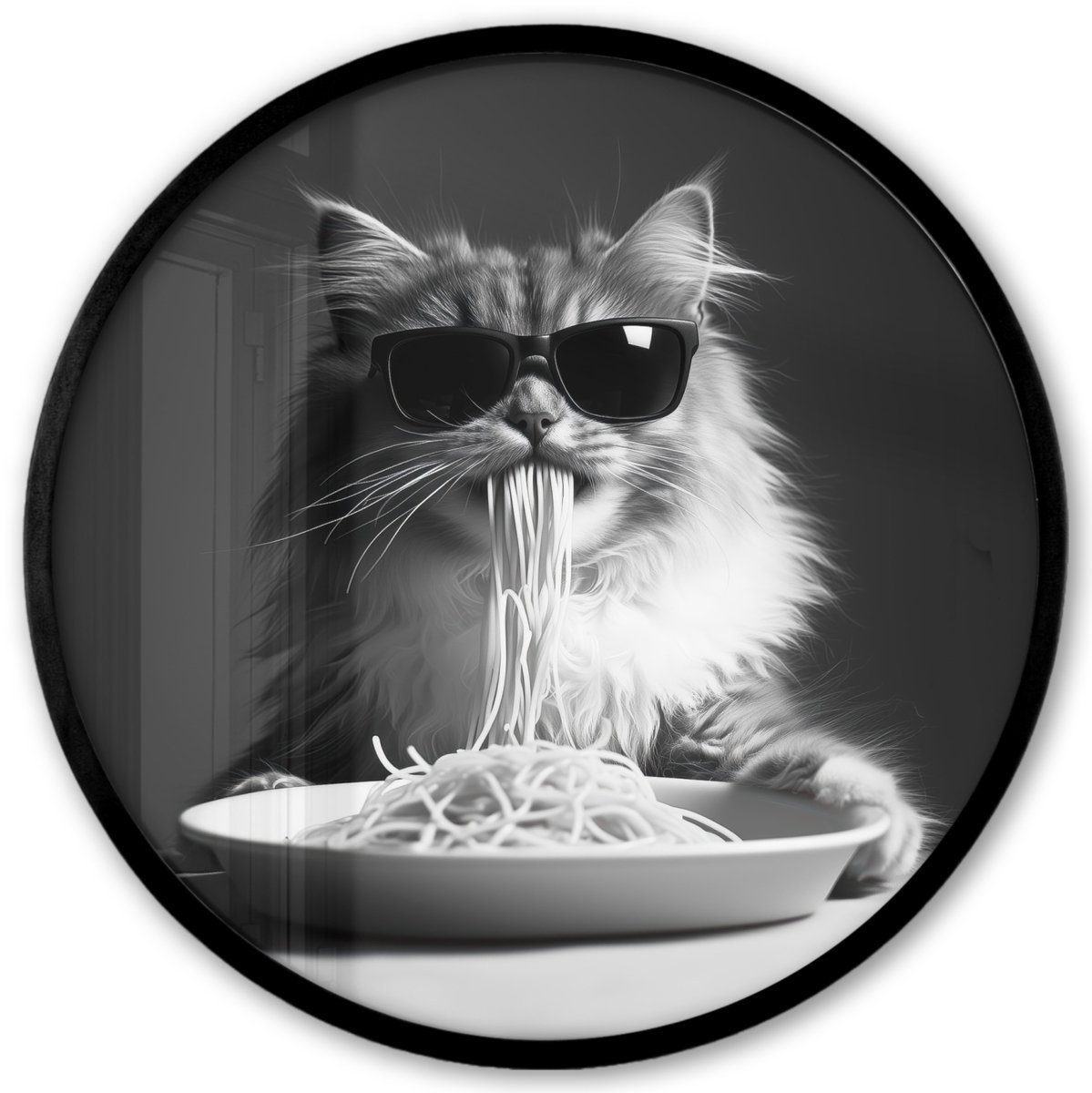 FrameYourWall Poster in lijst Rond - Fotolijst 40x40 cm - Posters - Langharige kat - Zonnebril - Spaghetti - Humor - Zwart - wit - Ronde posterlijst zwart - Decoratie - Wanddecoratie woonkamer - Muurdecoratie slaapkamer
