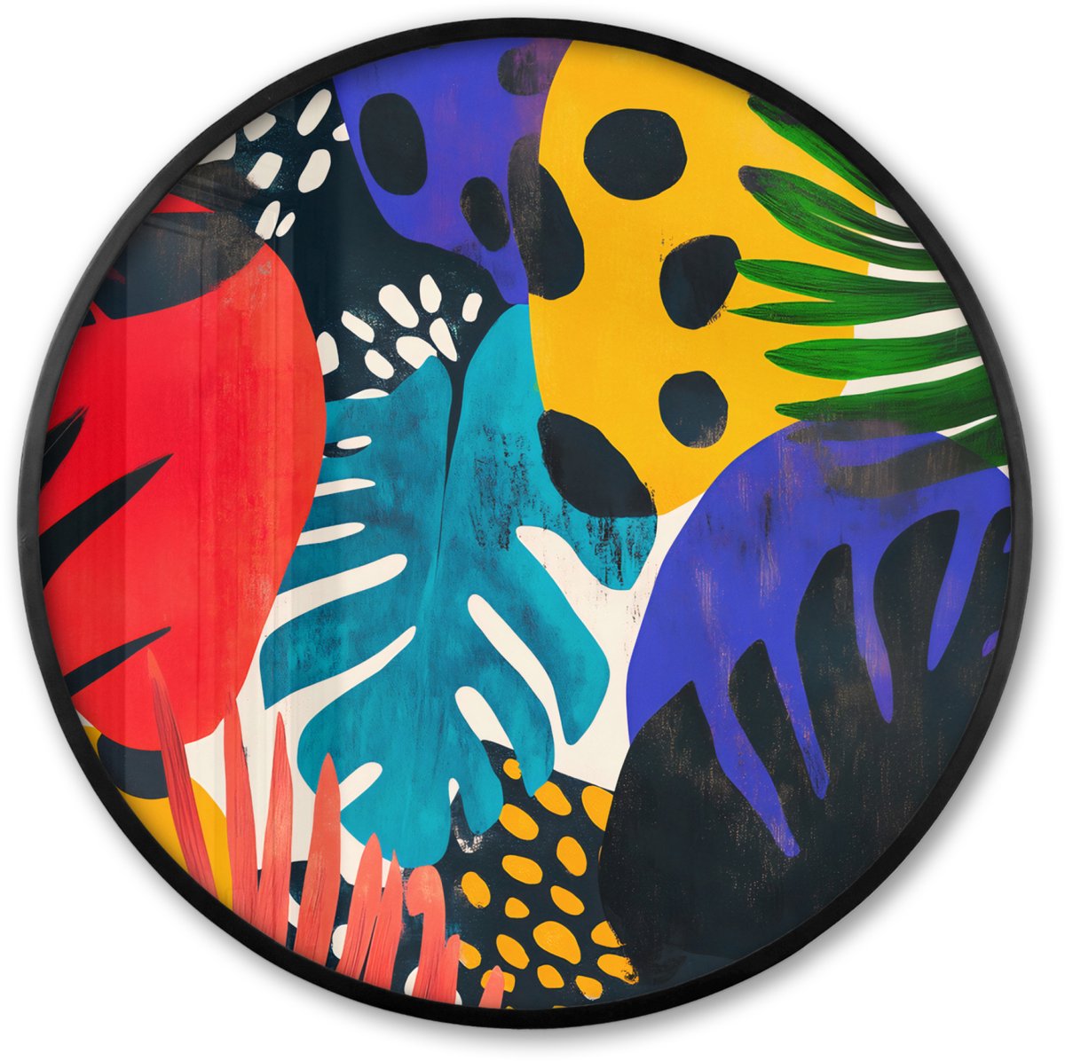 FrameYourWall Poster in lijst Rond - Fotolijst 80x80 cm - Posters - Bladeren - Vormen - Abstract - Kleurrijk - Ronde posterlijst zwart - Decoratie - Wanddecoratie woonkamer - Muurdecoratie slaapkamer Kleurrijk - Bloemen - Abstract