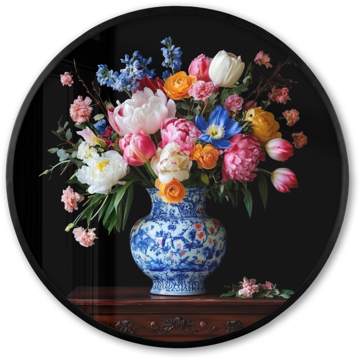 FrameYourWall Poster in lijst Rond - Fotolijst 80x80 cm - Posters - Rozen - Bloemen - Vaas - Boeket - Ronde posterlijst zwart - Decoratie - Wanddecoratie woonkamer - Muurdecoratie slaapkamer Bloemen - Rozen